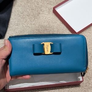 Salvatore Ferragamo Teal Leather Wallet with Gold Bow Accent